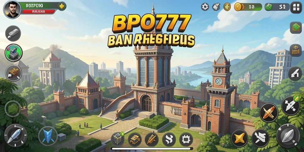 Screenshot menampilkan gameplay seru dari BPO777 dengan menara pertahanan yang aktif.
