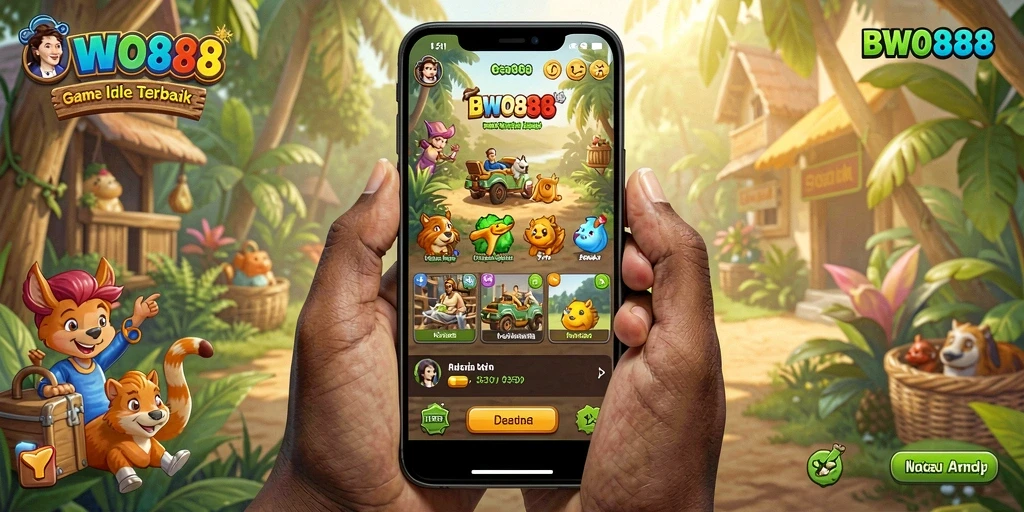 Tampilan gameplay BWO888 dengan karakter dan pengumpulan sumber daya.