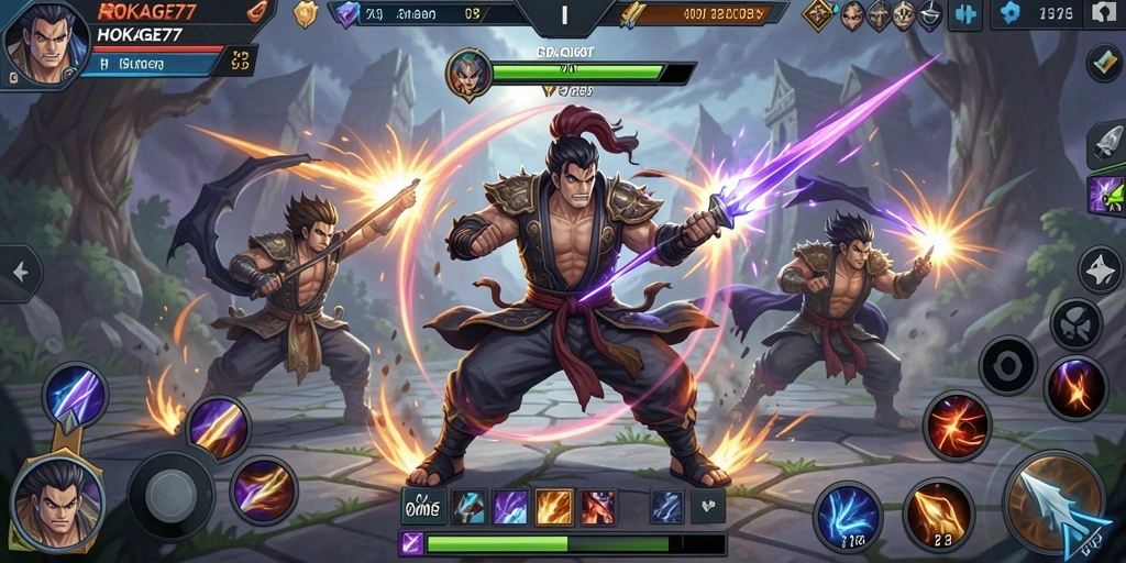 Screenshot gameplay HOKAGE77 menunjukkan aksi seru karakter di arena MOBA.