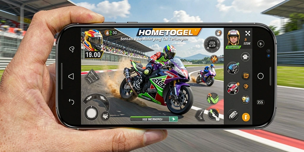 Gameplay HOMETOGEL dengan balapan motor yang mendebarkan.
