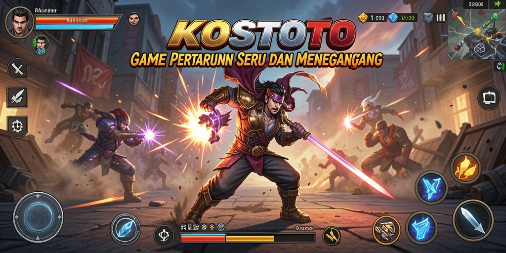 Tampilan pertarungan seru dalam game KOSTOTO dengan berbagai karakter.