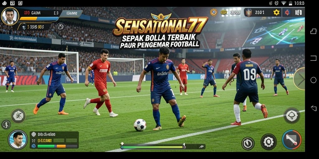 Screenshot gameplay SENSATIONAL77 dengan aksi sepak bola seru.